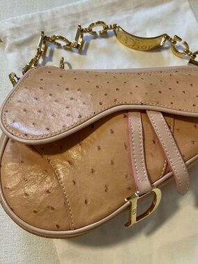 RARE DIOR vintage exotic pink ostrich mini saddlebag with gold CD strap